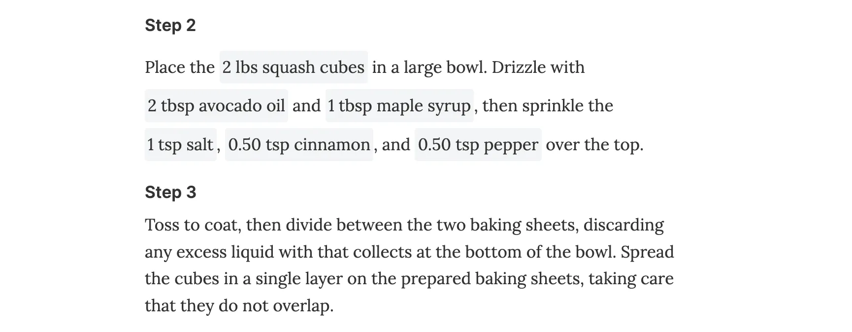 Ingredients amounts are included with gray background in instructions