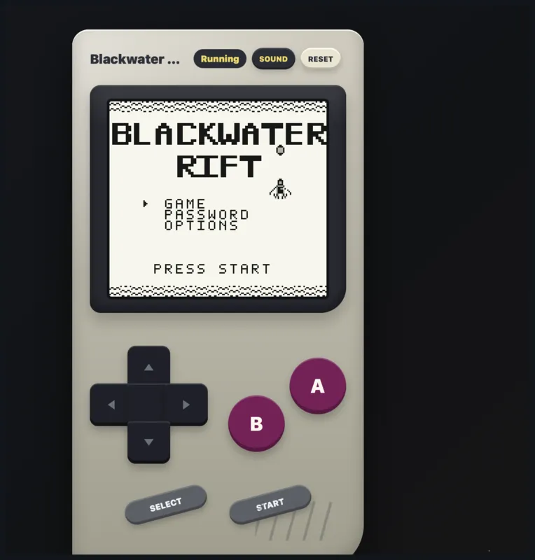 Blackwater Rift title screen in the browser Game Boy shell