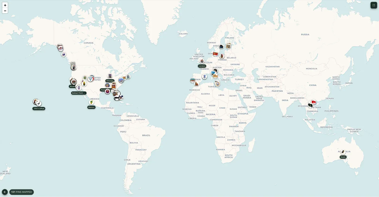 Pin collection world map view
